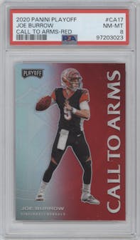 Joe Burrow from the 2020 Panini Playoff set featuring a Red parallel graded by PSA and given an overall grade of 8.