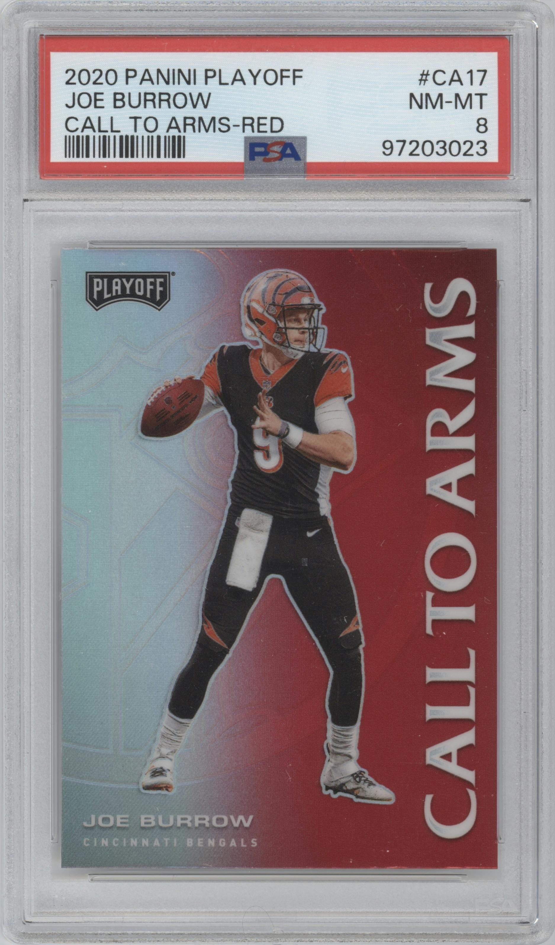 Joe Burrow from the 2020 Panini Playoff set featuring a Red parallel graded by PSA and given an overall grade of 8.