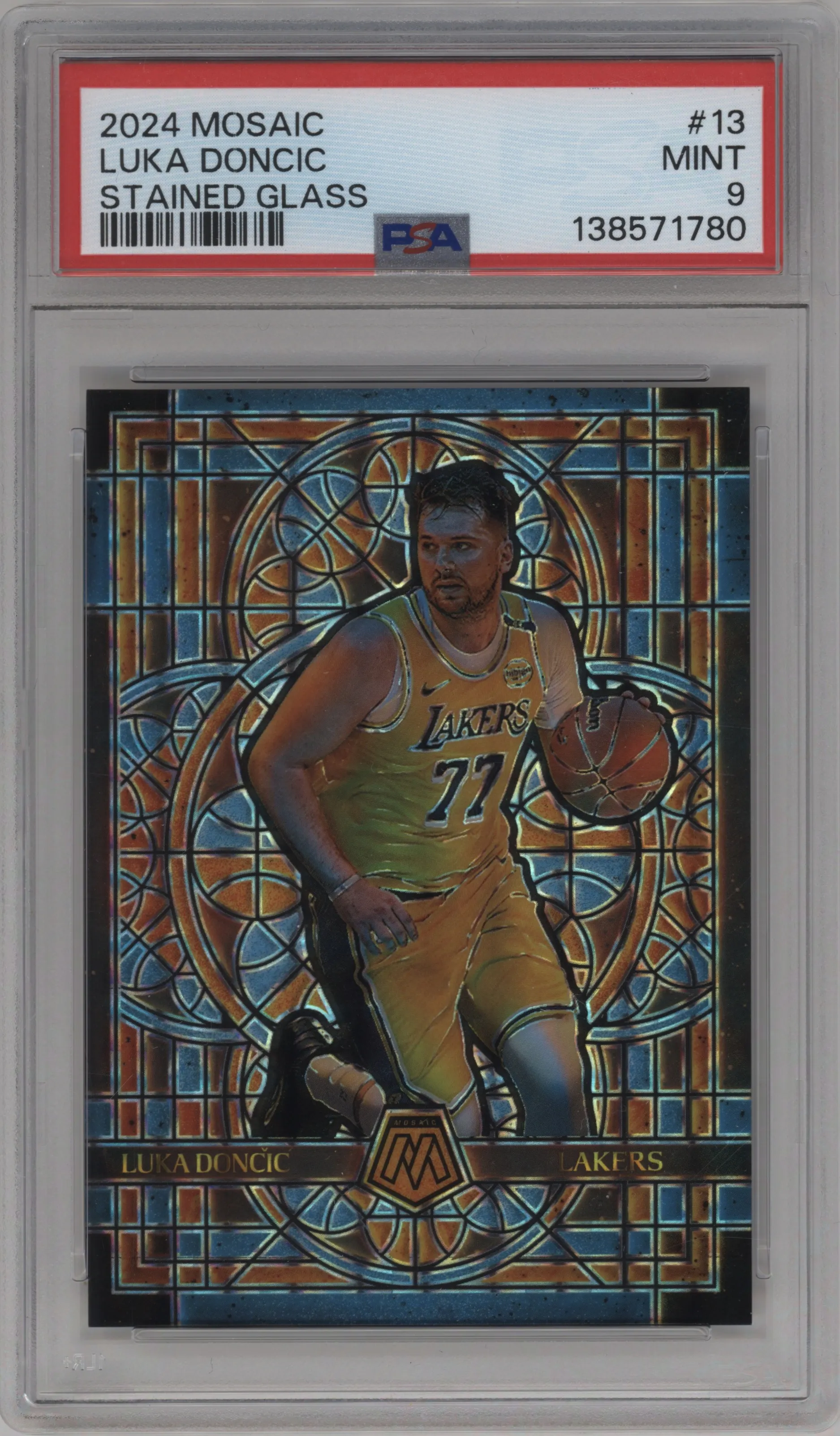 Luka Doncic from the 2024-25 Panini Mosaic set graded by PSA and given an overall grade of 9.