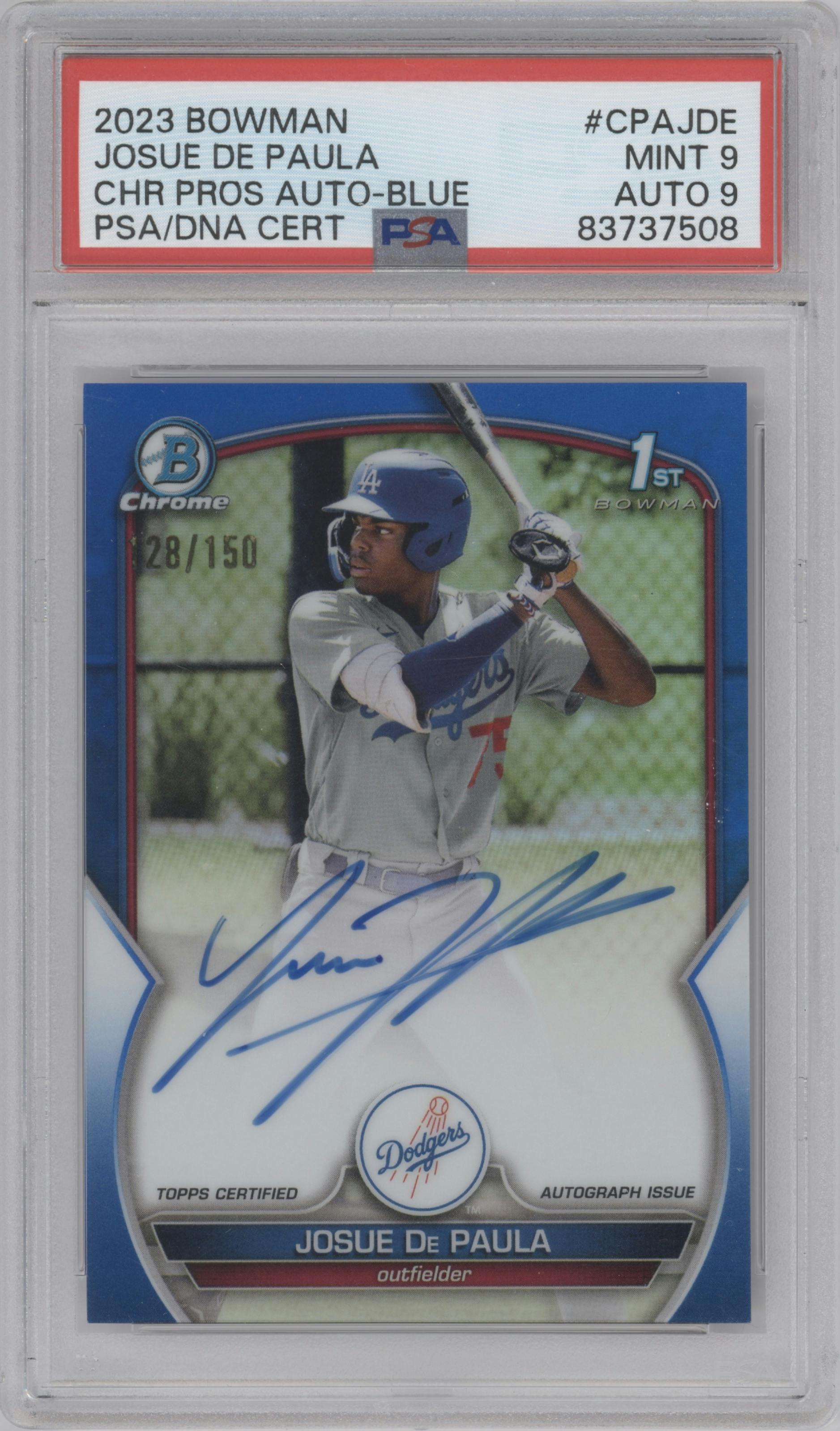 Josue De Paula from the 2023 Bowman  set featuring a Blue Refractor parallel graded by PSA and given an overall grade of 9.