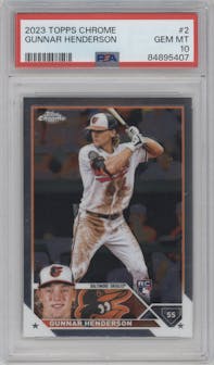 Gunnar Henderson from the 2023 Topps Chrome set graded by PSA and given an overall grade of 10.