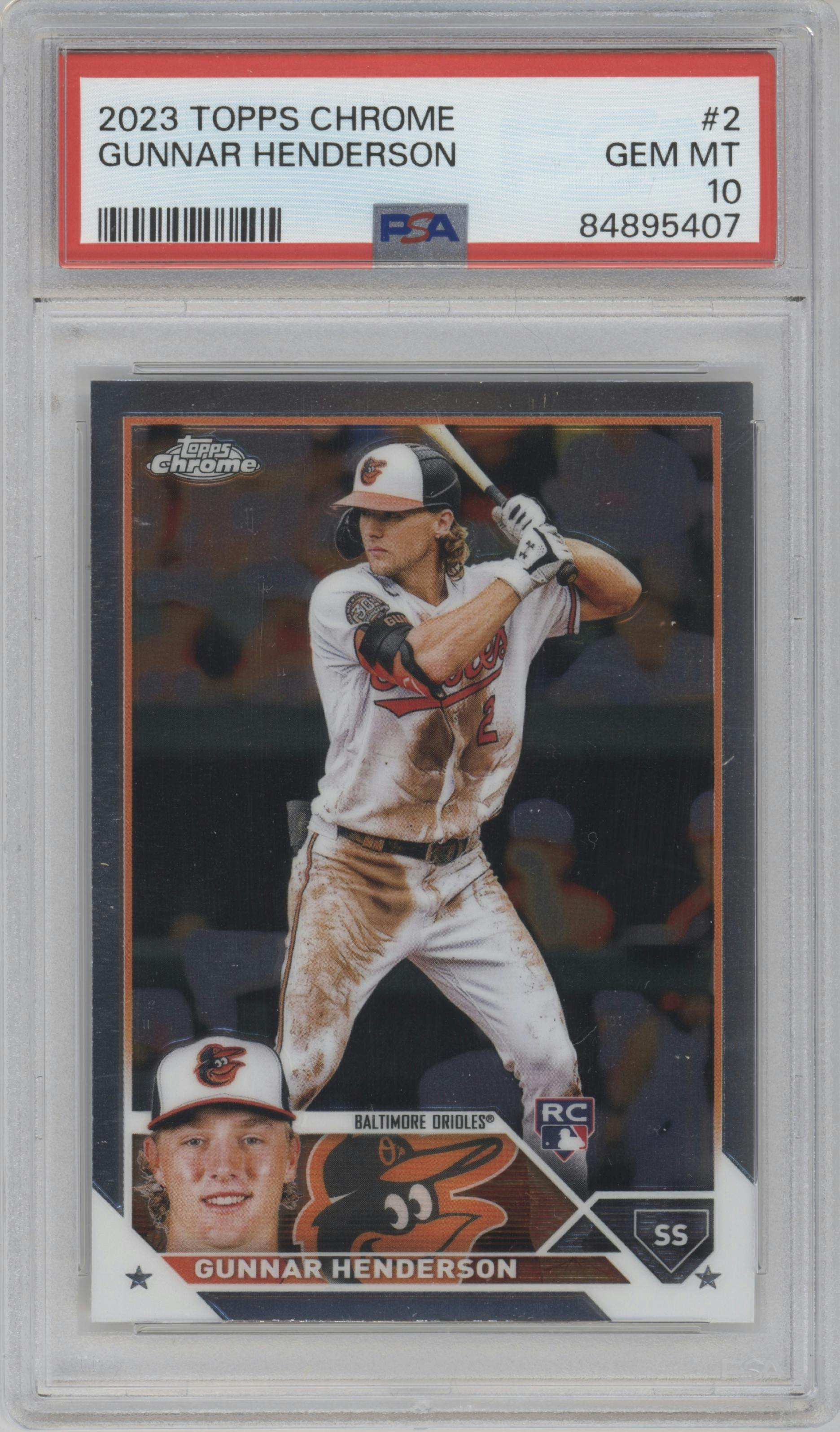 Gunnar Henderson from the 2023 Topps Chrome set graded by PSA and given an overall grade of 10.