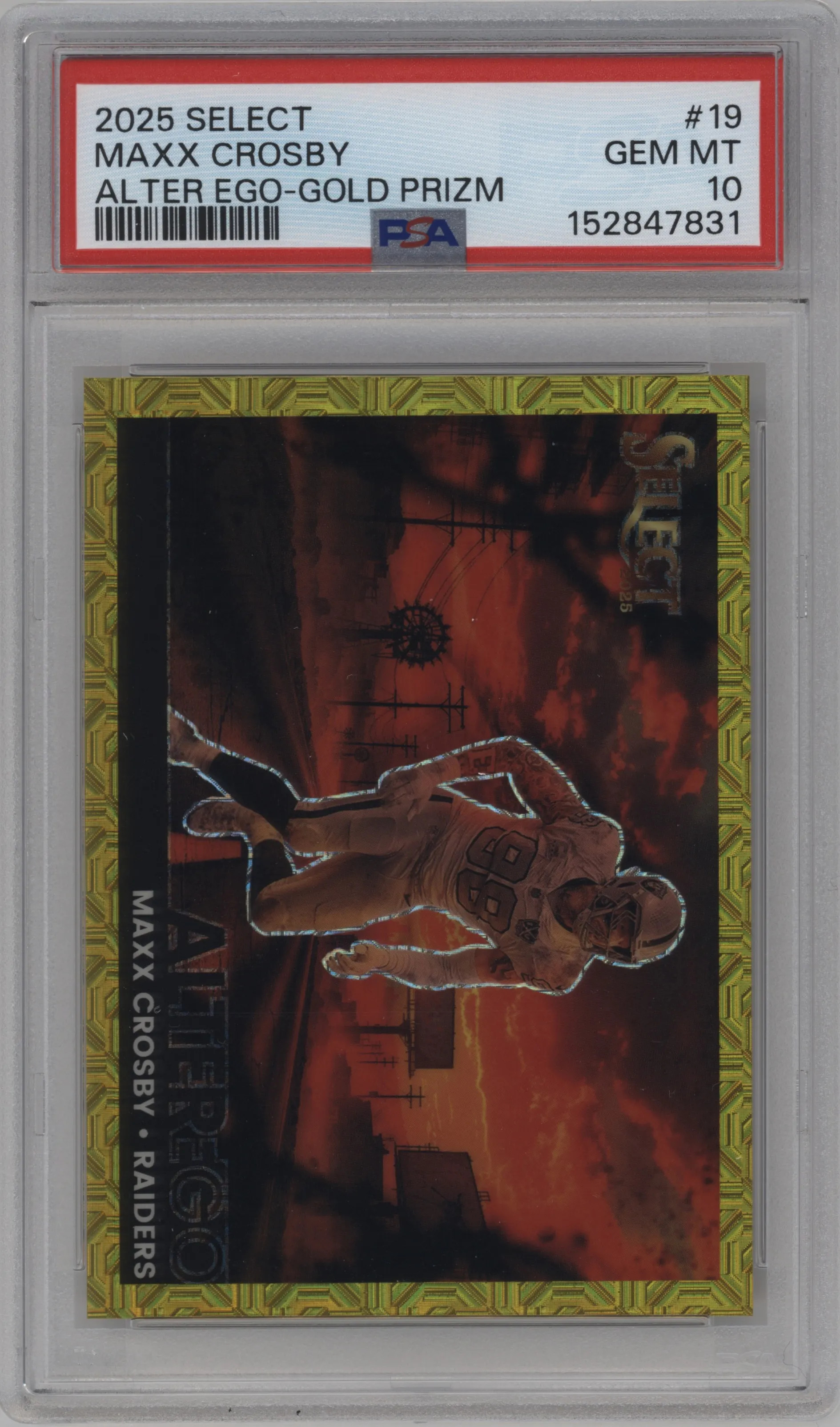 Maxx Crosby from the 2025 Panini Select set featuring a Gold Prizm parallel graded by PSA and given an overall grade of 10.