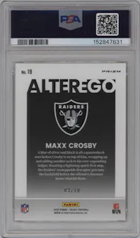 Maxx Crosby from the 2025 Panini Select set featuring a Gold Prizm parallel graded by PSA and given an overall grade of 10.