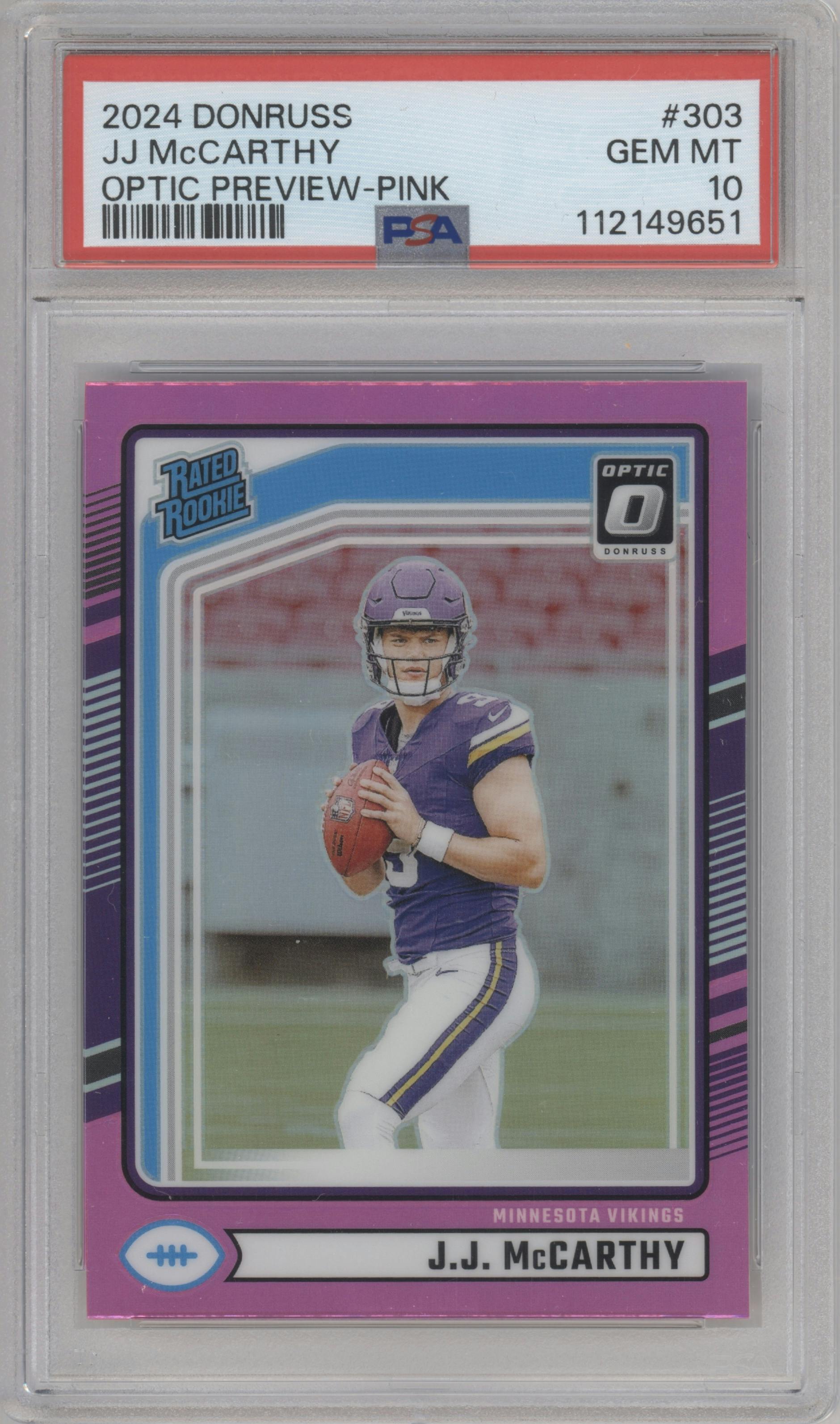 J.J. McCarthy from the 2024 Donruss set featuring a Pink parallel graded by PSA and given an overall grade of 10.