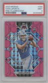 Sam LaPorta from the 2023 Panini Mosaic set featuring a Pink Fluorescent parallel graded by PSA and given an overall grade of 9.