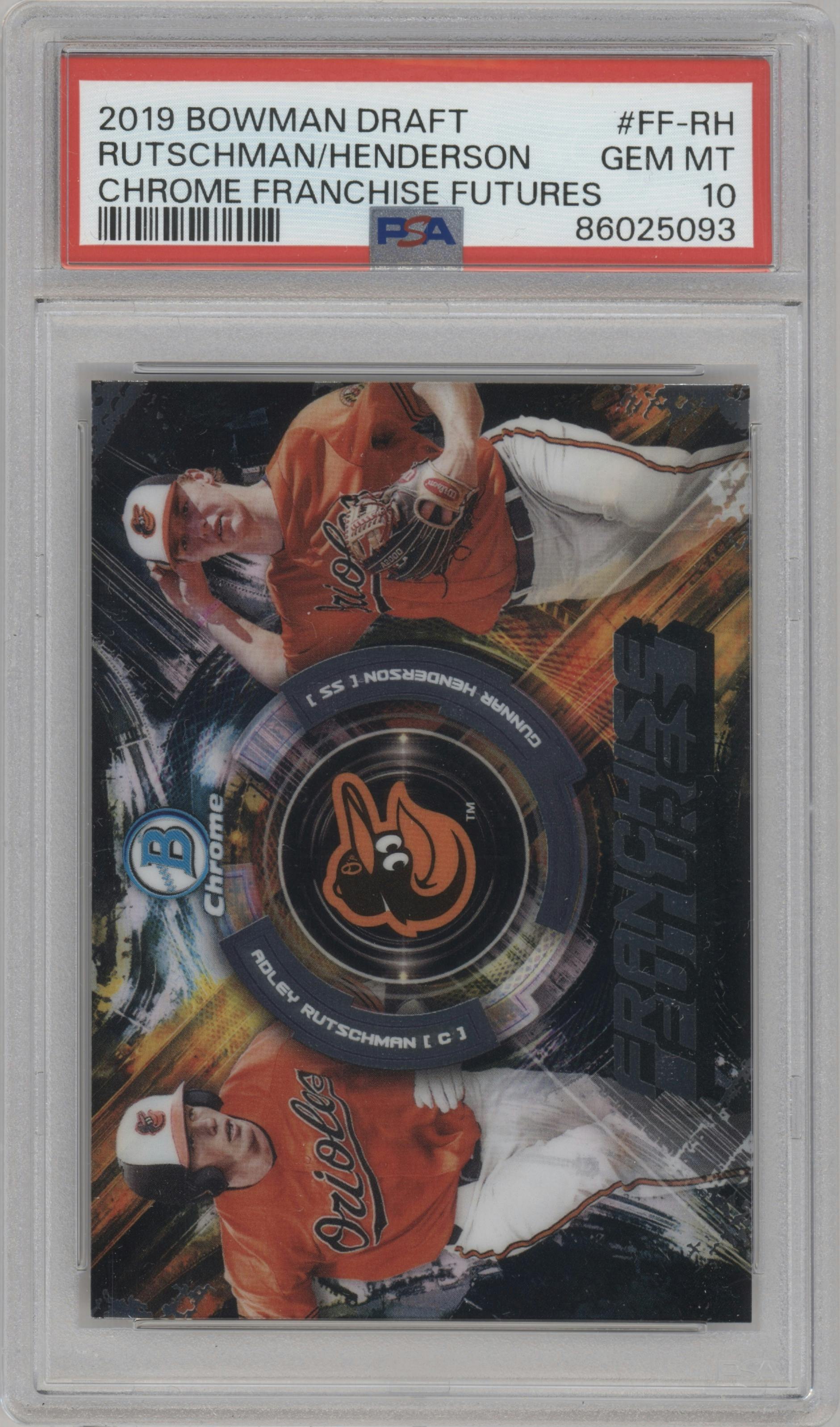 Adley Rutschman/Gunnar Henderson from the 2019 Bowman Draft set graded by PSA and given an overall grade of 10.