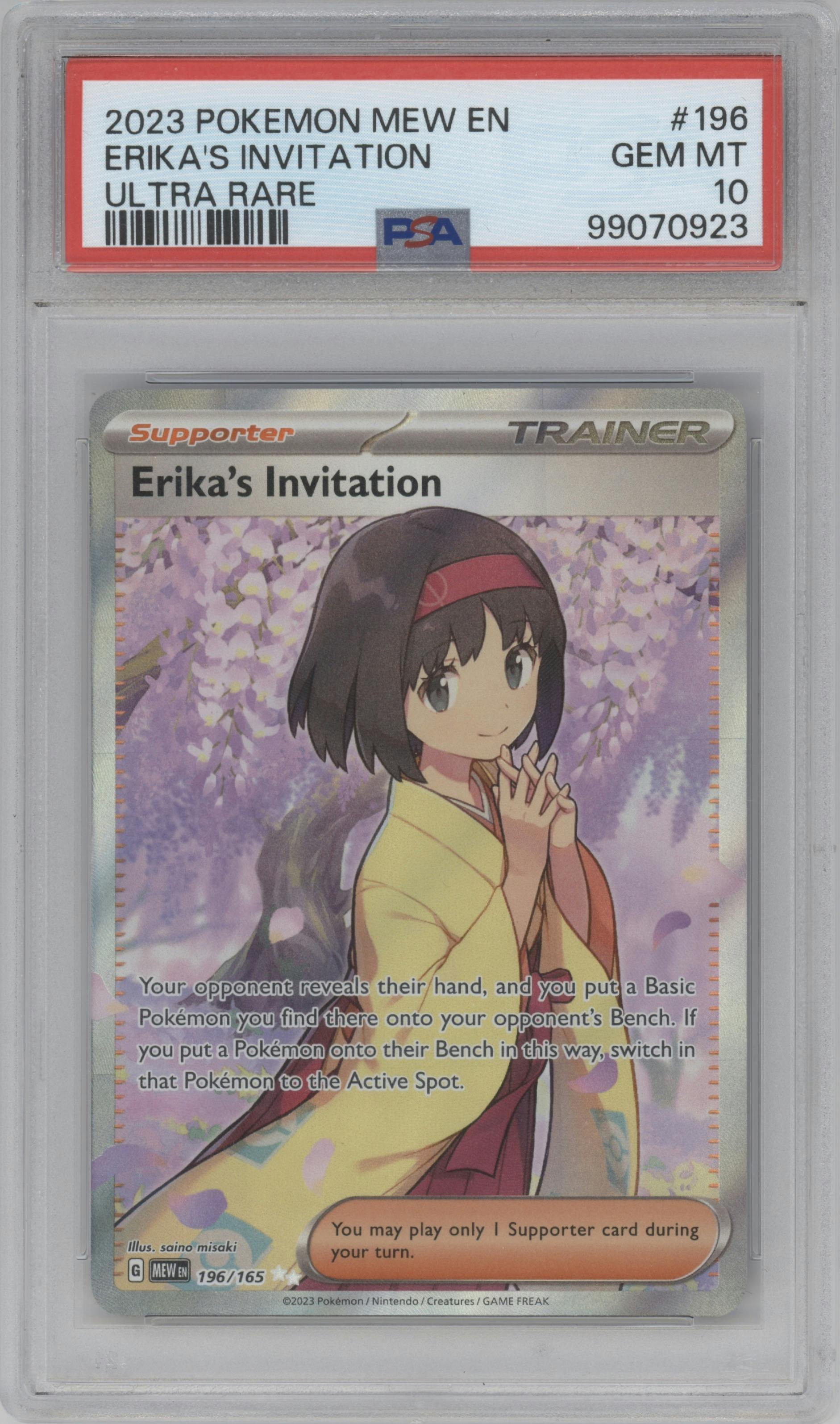 Erika's Invitation from the 2023 Pokemon SV set graded by PSA and given an overall grade of 10.