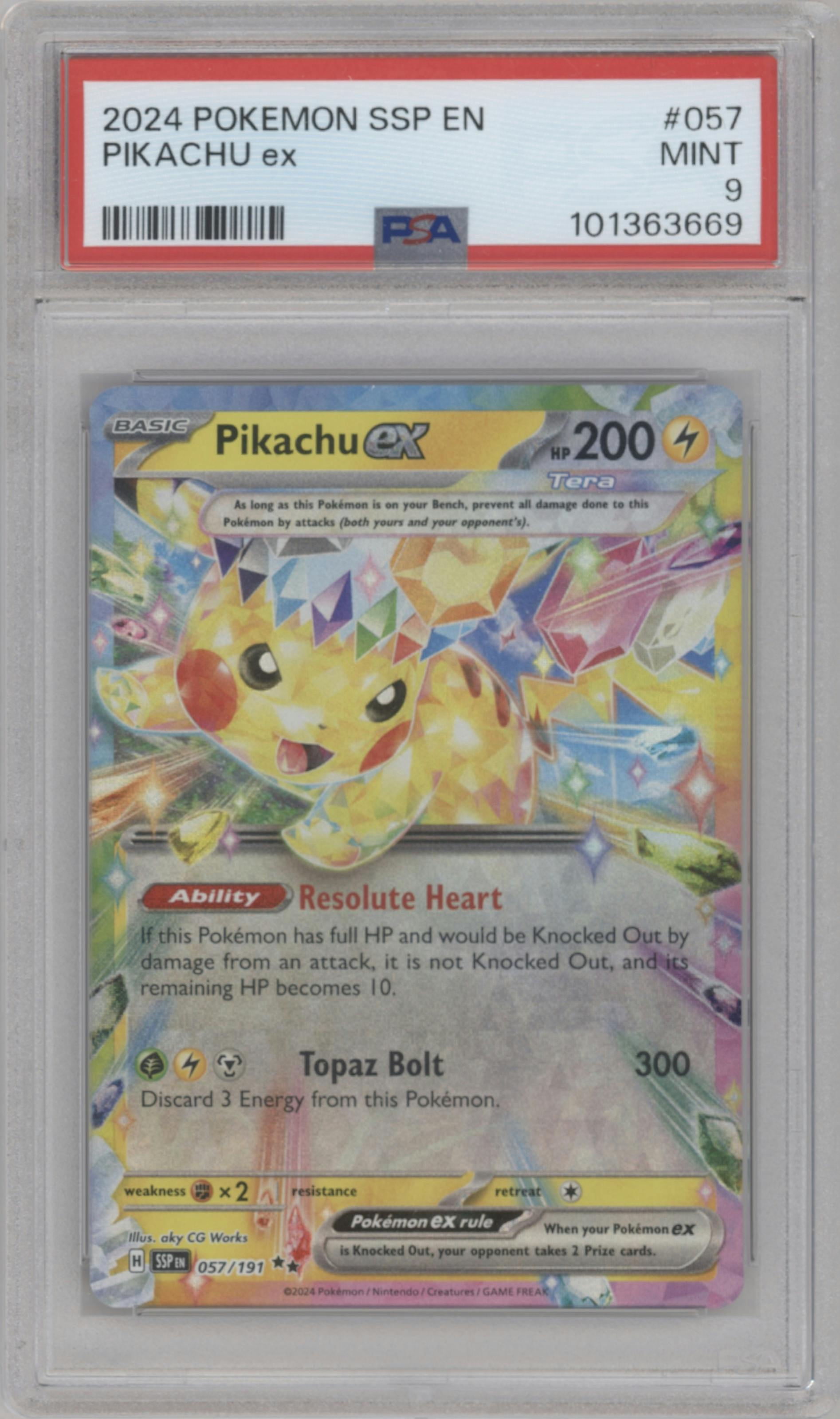 Pikachu ex from the 2024 Pokemon SV set graded by PSA and given an overall grade of 9.