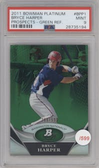 Bryce Harper from the 2011 Bowman Platinum  set featuring a Green Refractor parallel graded by PSA and given an overall grade of 9.