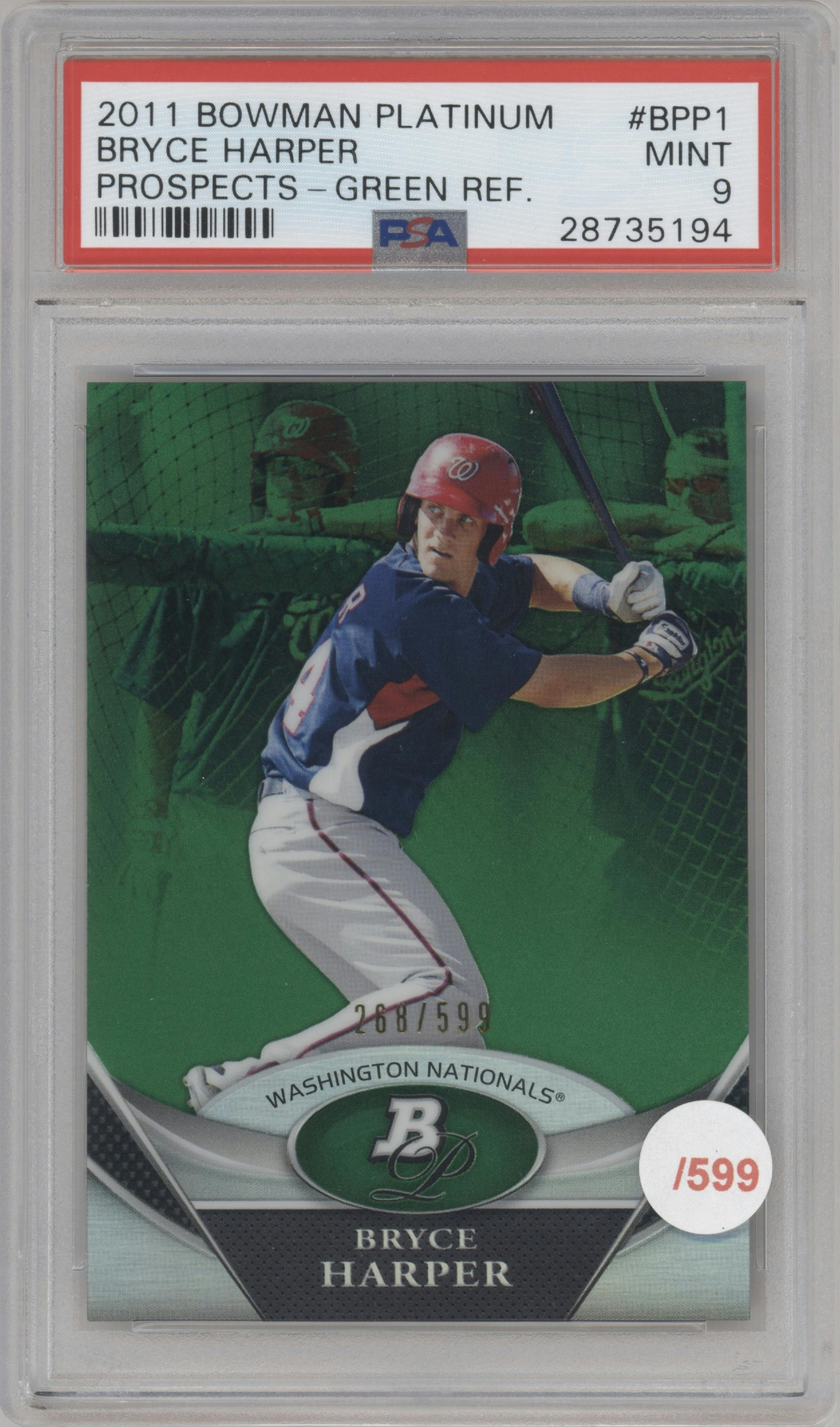 Bryce Harper from the 2011 Bowman Platinum  set featuring a Green Refractor parallel graded by PSA and given an overall grade of 9.