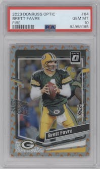 Brett Favre  from the 2023 Donruss Optic set featuring a Fire parallel graded by PSA and given an overall grade of 10.