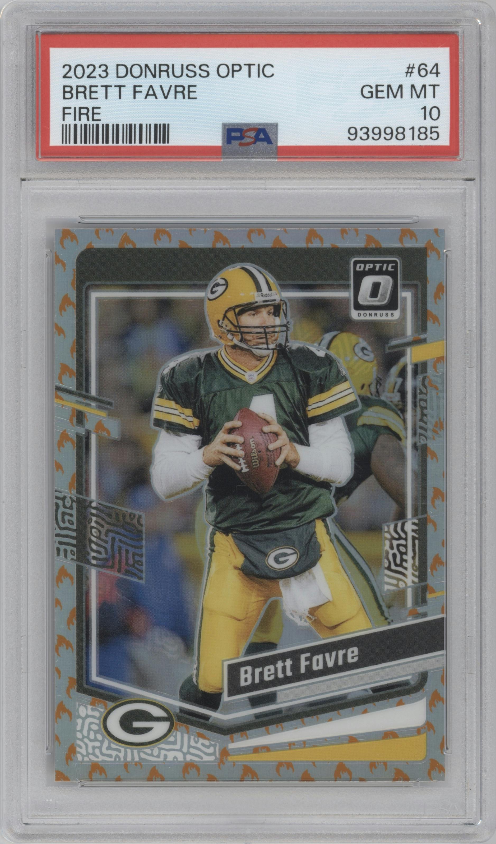 Brett Favre  from the 2023 Donruss Optic set featuring a Fire parallel graded by PSA and given an overall grade of 10.