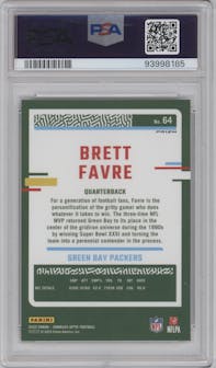 Brett Favre  from the 2023 Donruss Optic set featuring a Fire parallel graded by PSA and given an overall grade of 10.