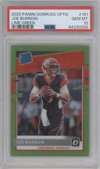 Joe Burrow from the 2020 Panini Donruss Optic set featuring a Lime Green parallel graded by PSA and given an overall grade of 10.
