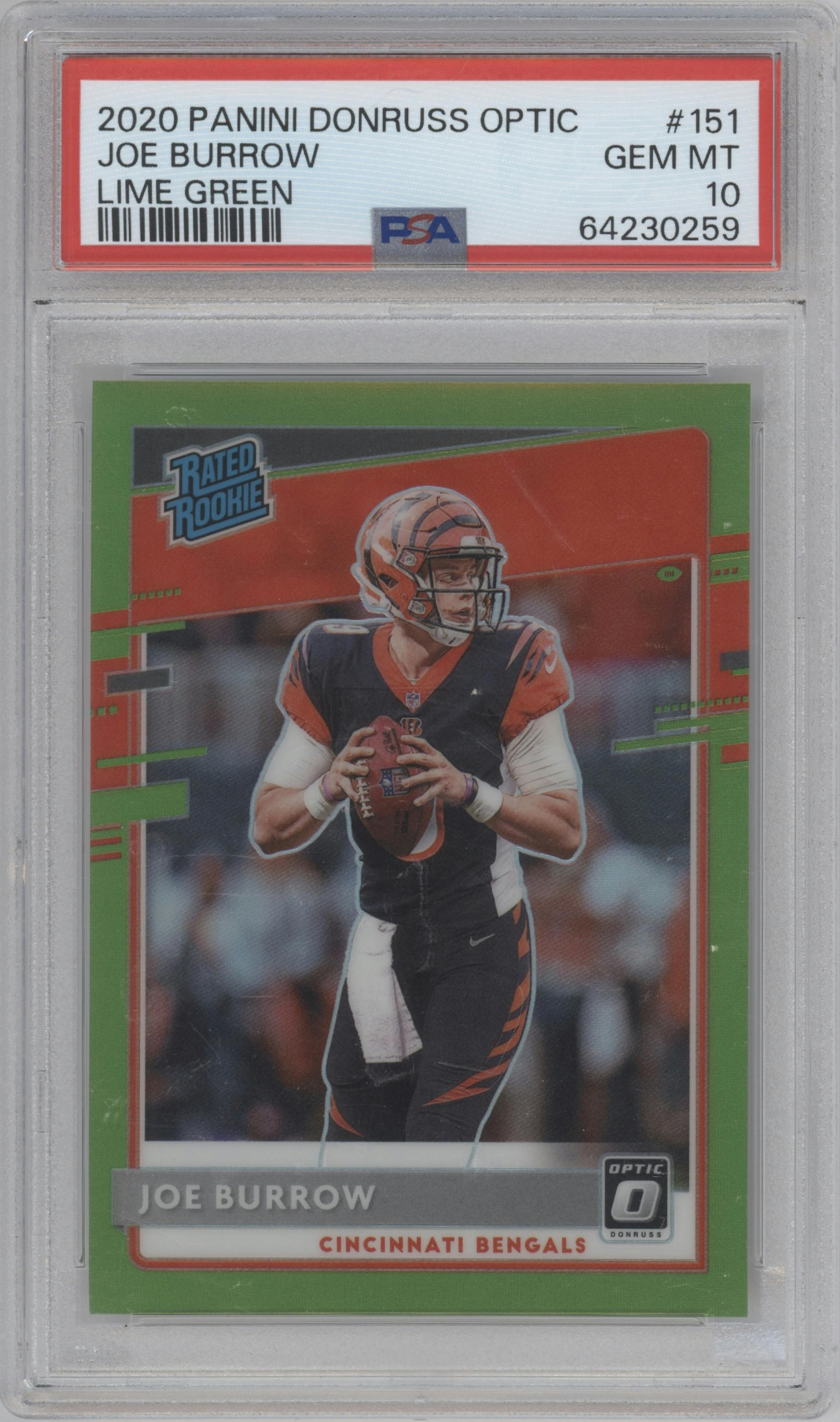 Joe Burrow from the 2020 Panini Donruss Optic set featuring a Lime Green parallel graded by PSA and given an overall grade of 10.
