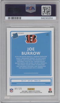 Joe Burrow from the 2020 Panini Donruss Optic set featuring a Lime Green parallel graded by PSA and given an overall grade of 10.