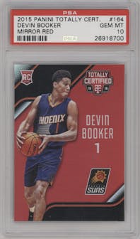 Devin Booker from the 2015-16 Panini Totally Certified set featuring a Mirror Red parallel graded by PSA and given an overall grade of 10.