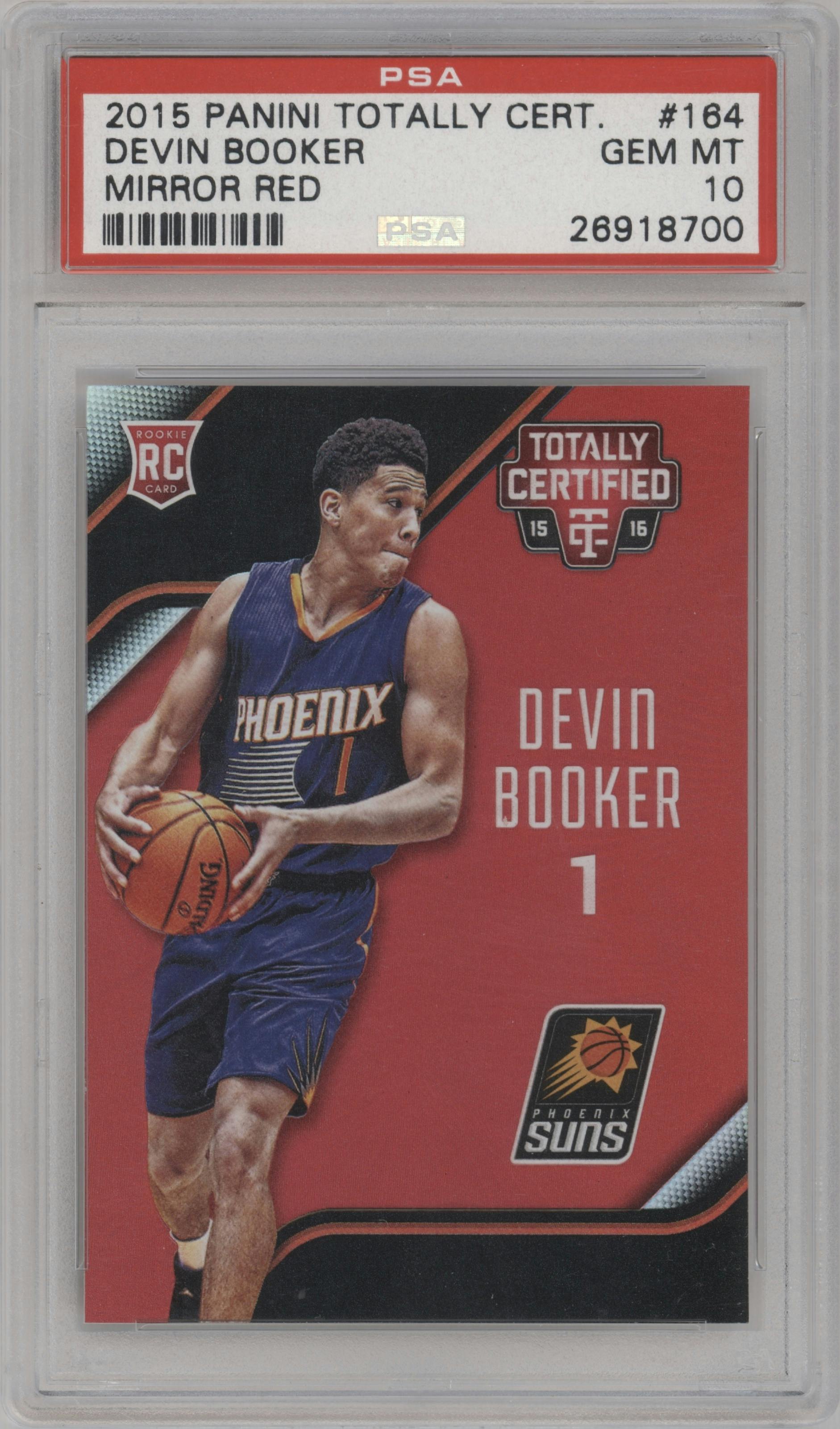Devin Booker from the 2015-16 Panini Totally Certified set featuring a Mirror Red parallel graded by PSA and given an overall grade of 10.