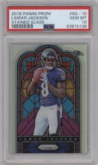 Lamar Jackson from the 2018 Panini Prizm set graded by PSA and given an overall grade of 10.