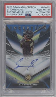 Ethan Salas from the 2023 Bowman Inception set featuring a Blue Foil parallel graded by PSA and given an overall grade of 10.