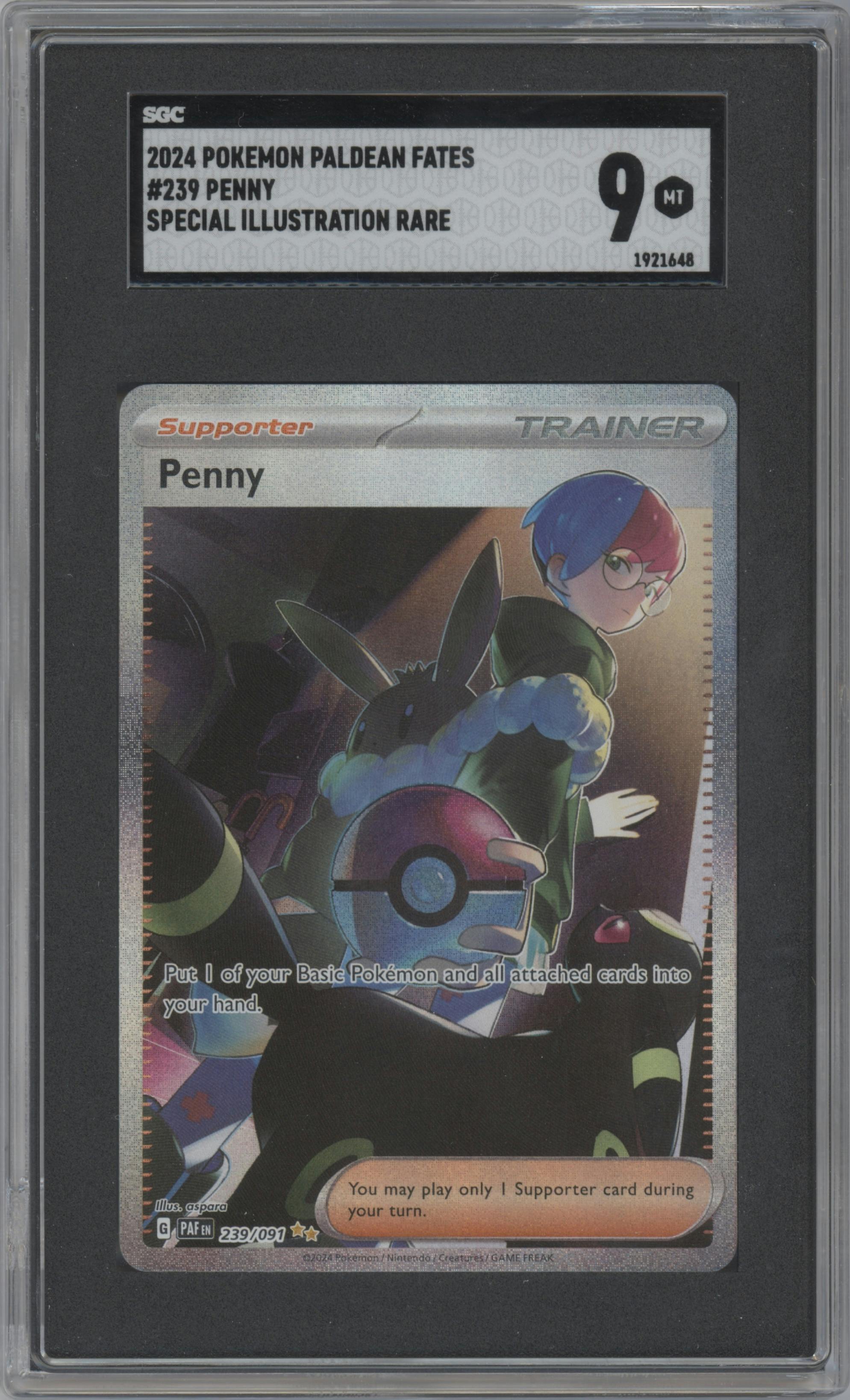 Penny from the 2024 Pokemon SV set graded by SGC and given an overall grade of 9.