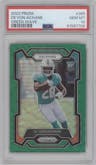 De'Von Achane from the 2023 Panini Prizm set featuring a Green Wave  parallel graded by PSA and given an overall grade of 10.