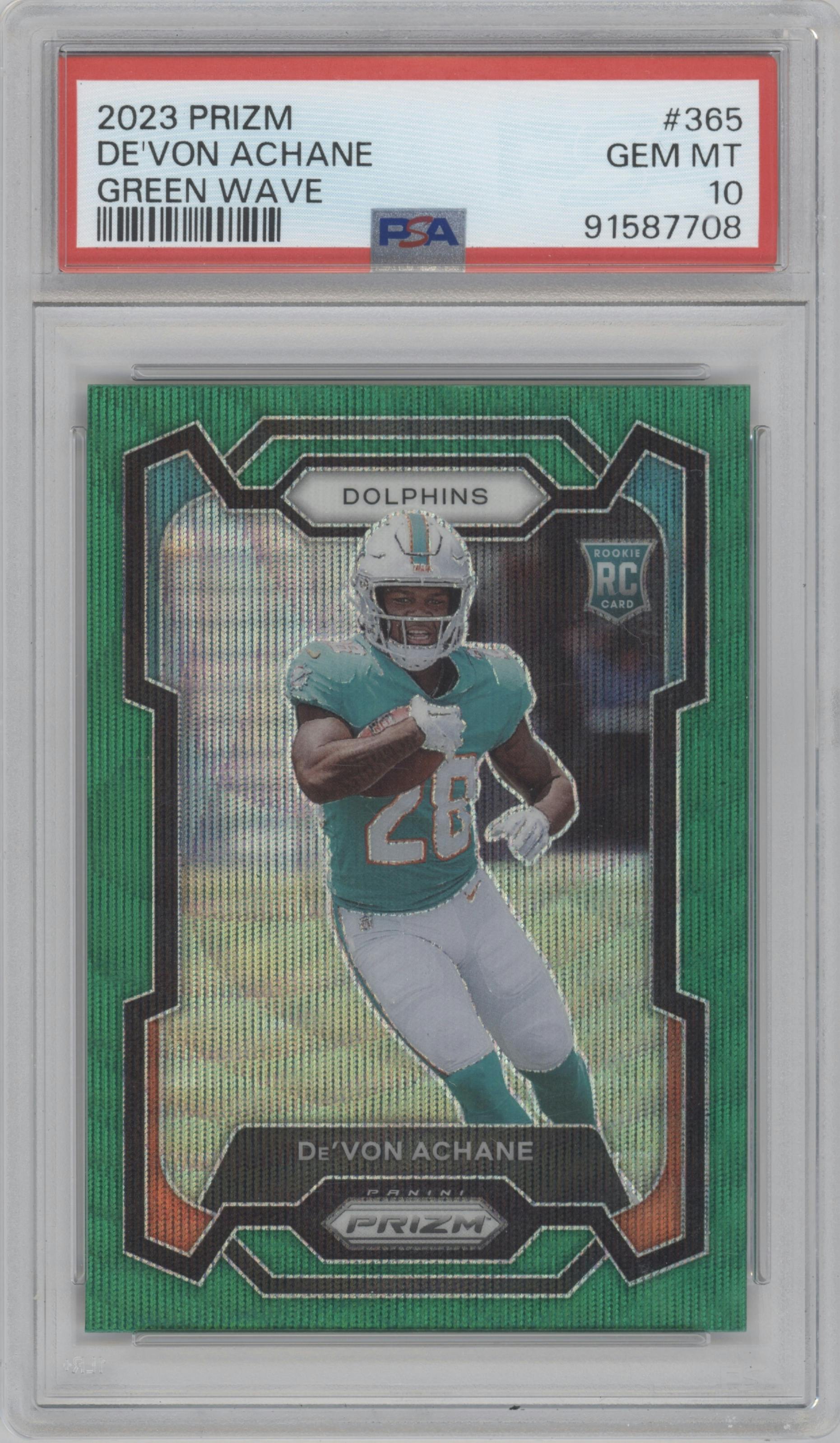 De'Von Achane from the 2023 Panini Prizm set featuring a Green Wave  parallel graded by PSA and given an overall grade of 10.