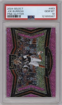 Joe Burrow from the 2024 Panini Select set featuring a Pink Glitter parallel graded by PSA and given an overall grade of 10.