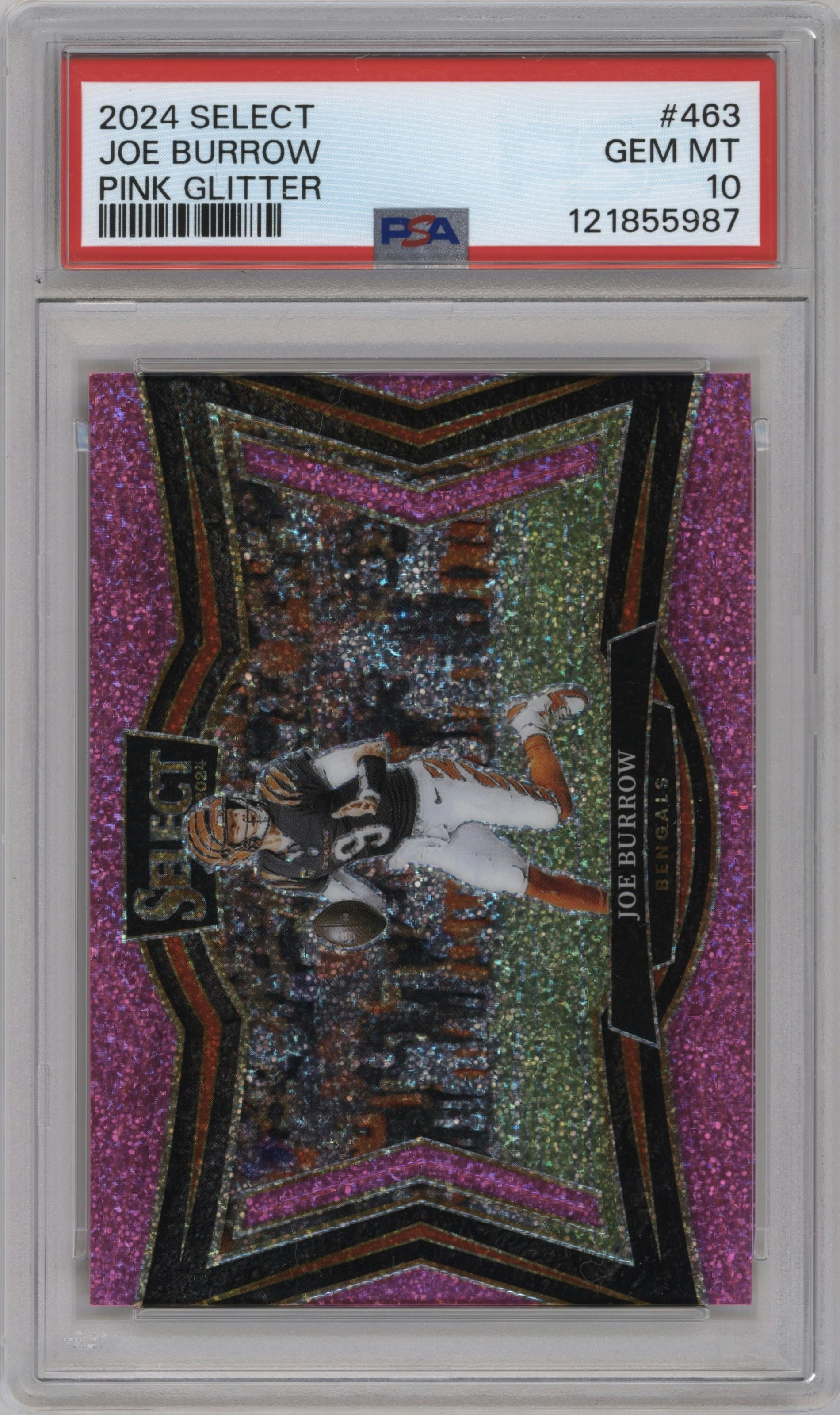 Joe Burrow from the 2024 Panini Select set featuring a Pink Glitter parallel graded by PSA and given an overall grade of 10.