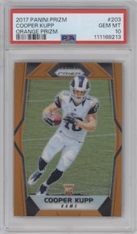 Cooper Kupp from the 2017 Panini Prizm set featuring a Orange Prizm  parallel graded by PSA and given an overall grade of 10.