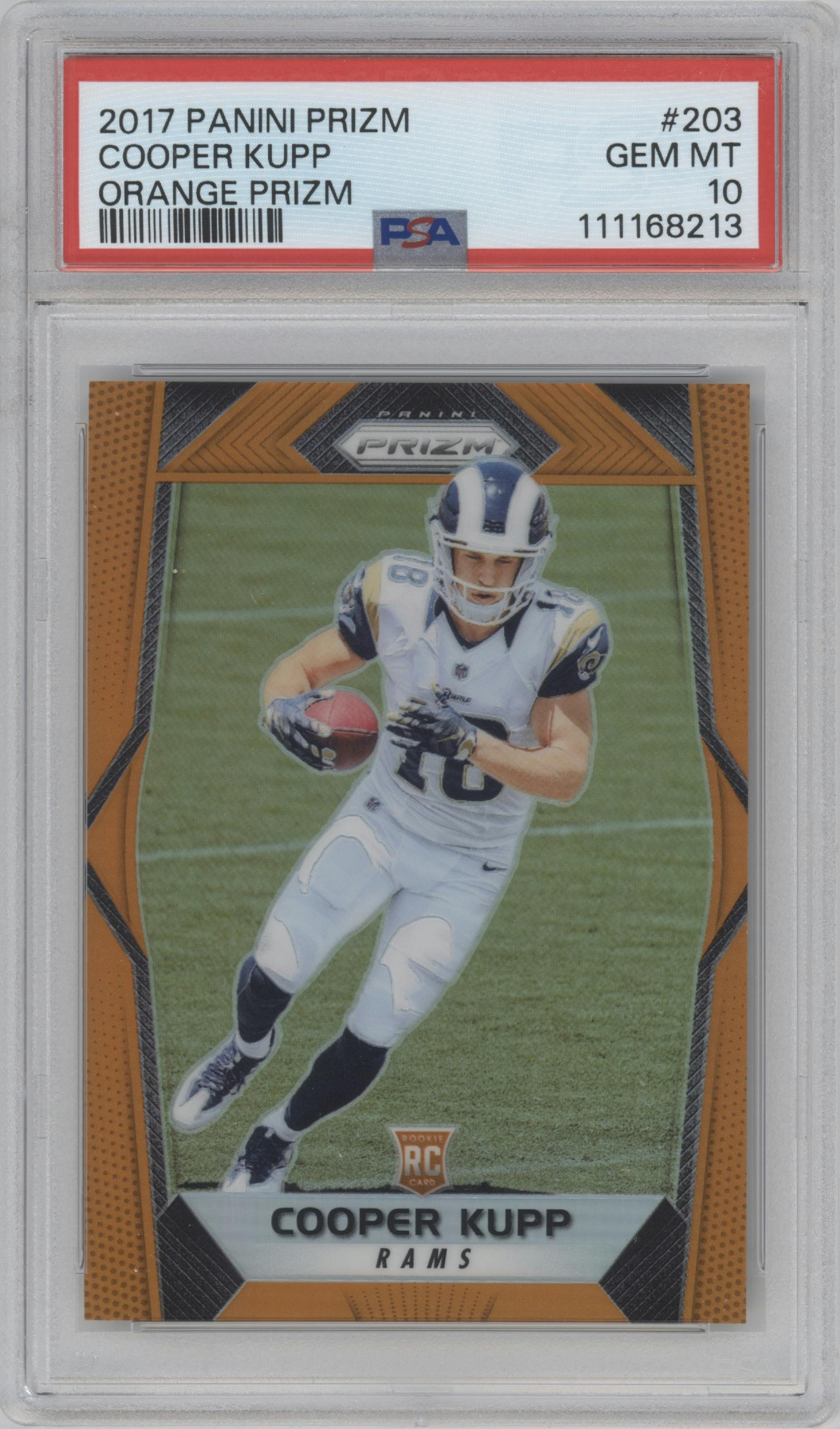 Cooper Kupp from the 2017 Panini Prizm set featuring a Orange Prizm  parallel graded by PSA and given an overall grade of 10.
