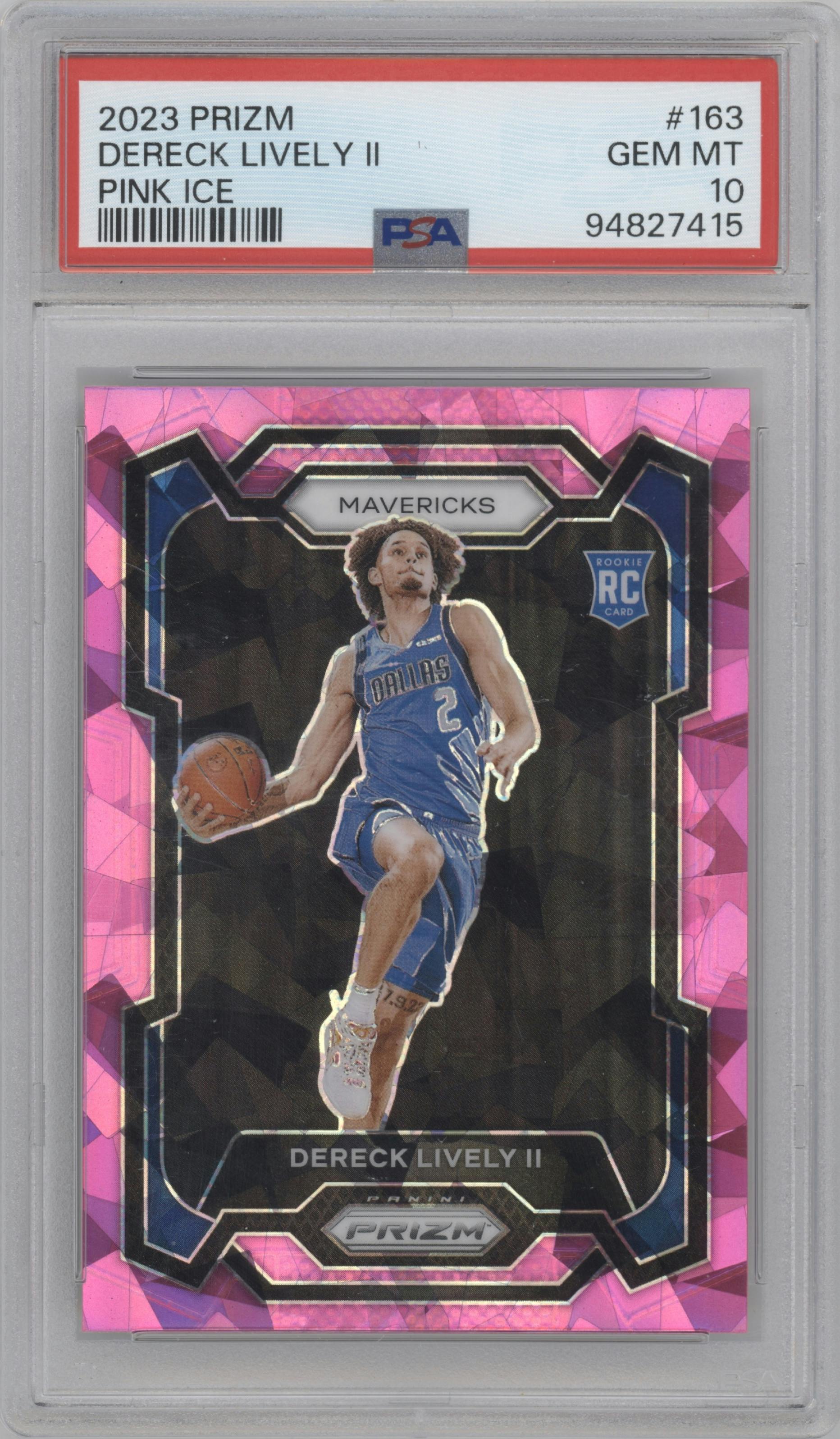 Dereck Lively II from the 2023-24 Panini Prizm set featuring a Pink Ice parallel graded by PSA and given an overall grade of 10.