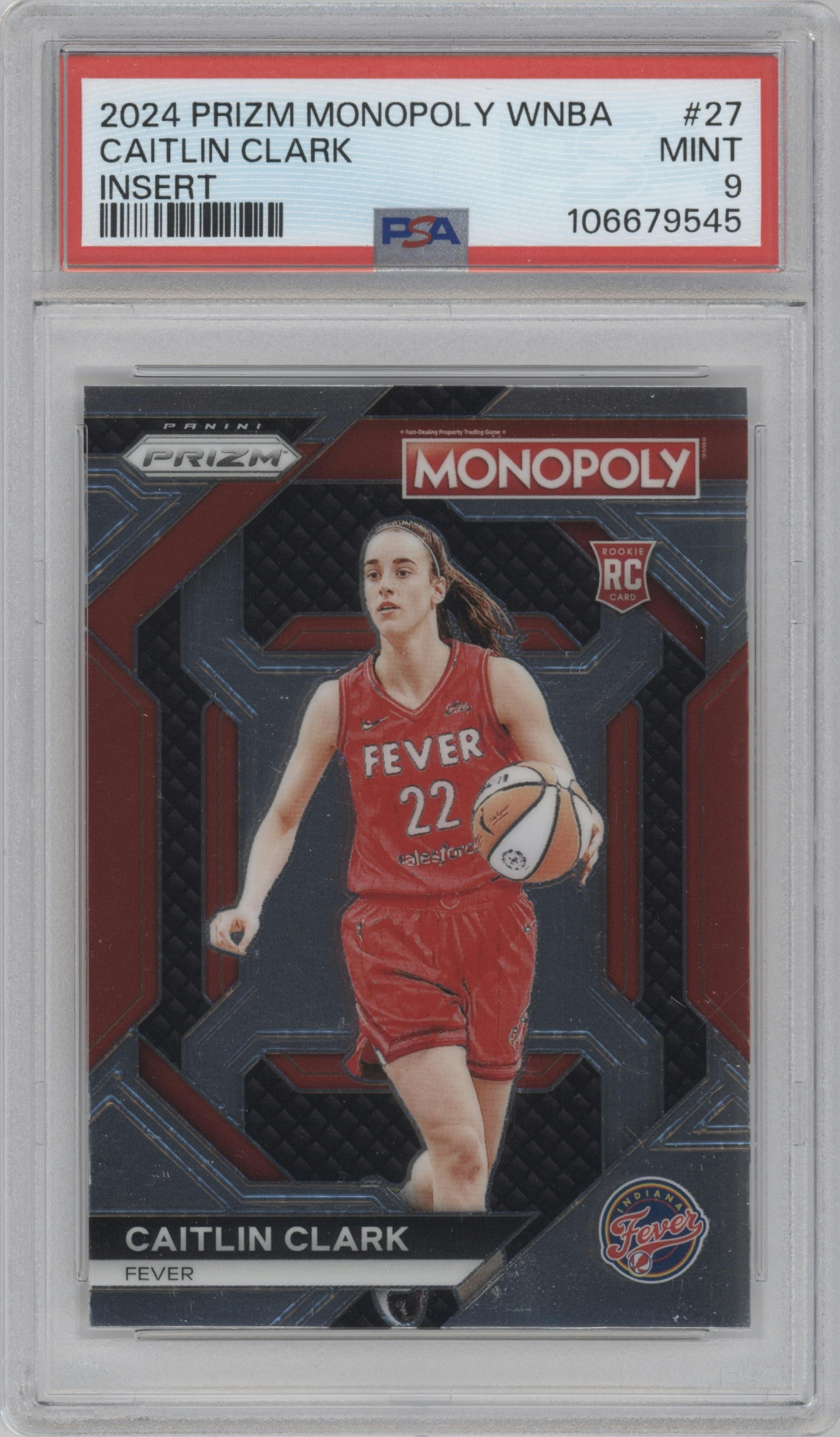 Caitlin Clark from the 2024 Panini Prizm Monopoly WNBA set graded by PSA and given an overall grade of 9.
