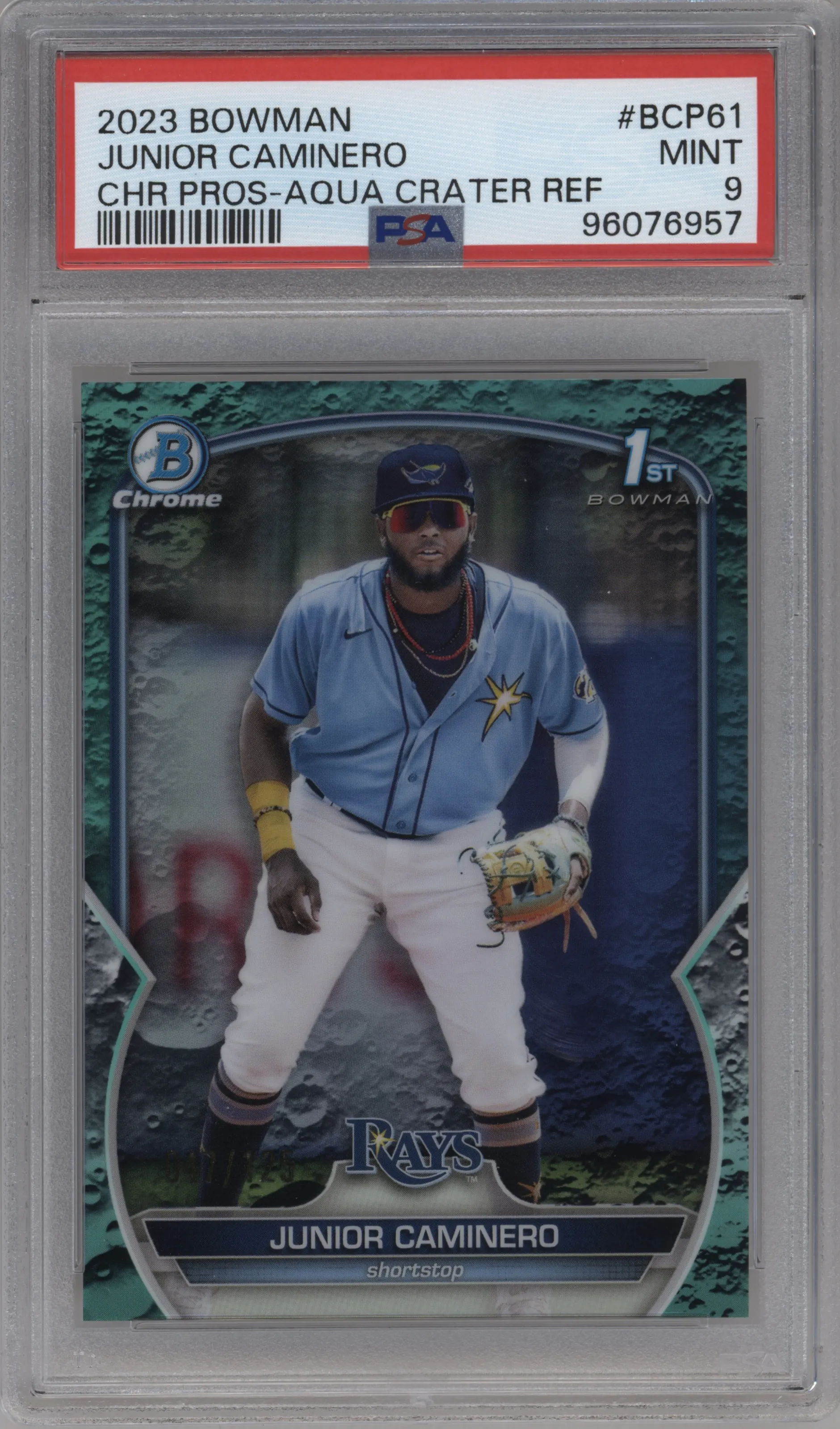 2023 Bowman Chr.Pros. Junior Caminero Aqua Lunar Crater Refractor #BCP-61 PSA 9