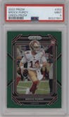 Brock Purdy from the 2022 Panini Prizm set featuring a Green Prizm parallel graded by PSA and given an overall grade of 9.