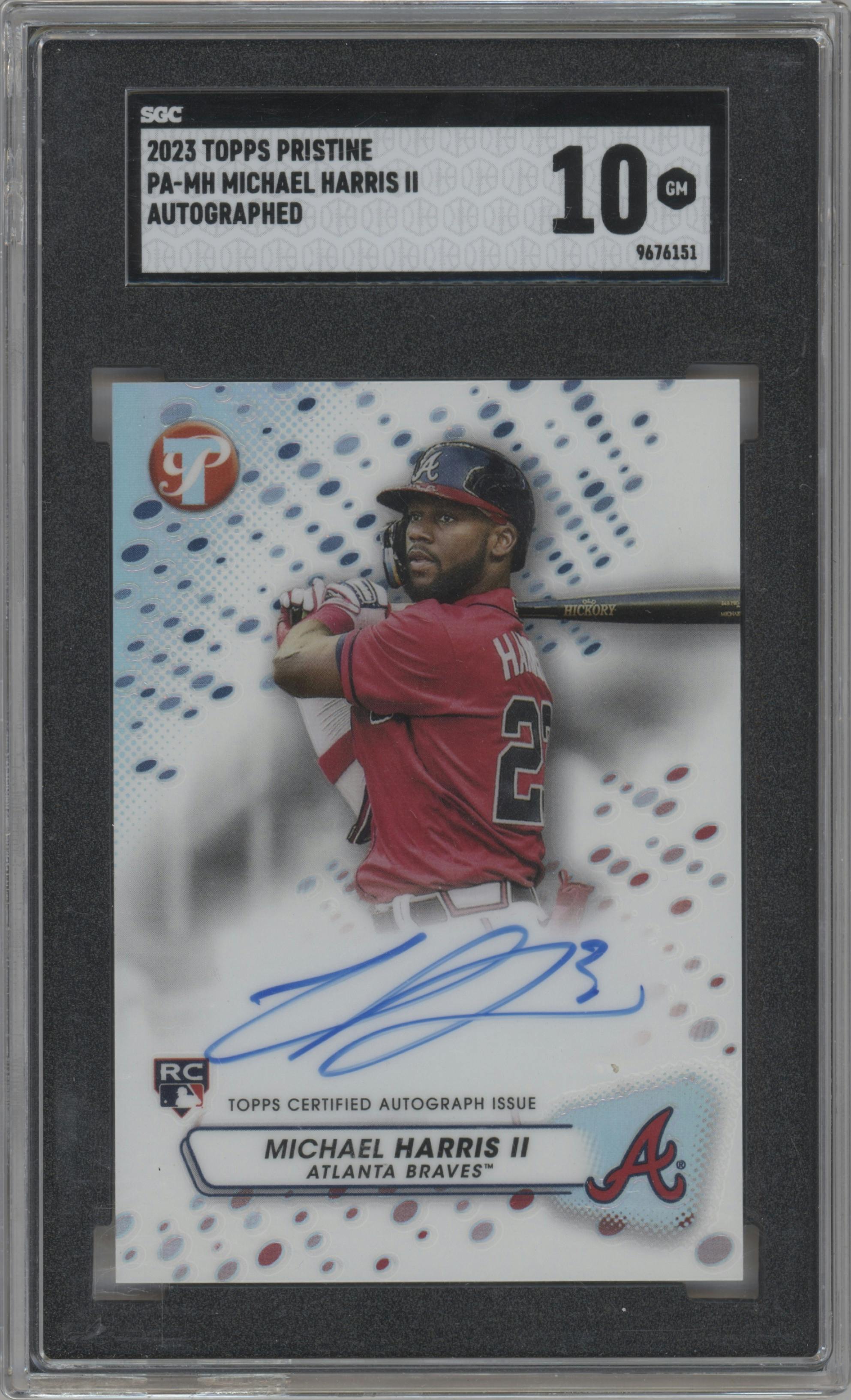 Michael Harris II from the 2023 Topps Pristine set graded by SGC and given an overall grade of 10.