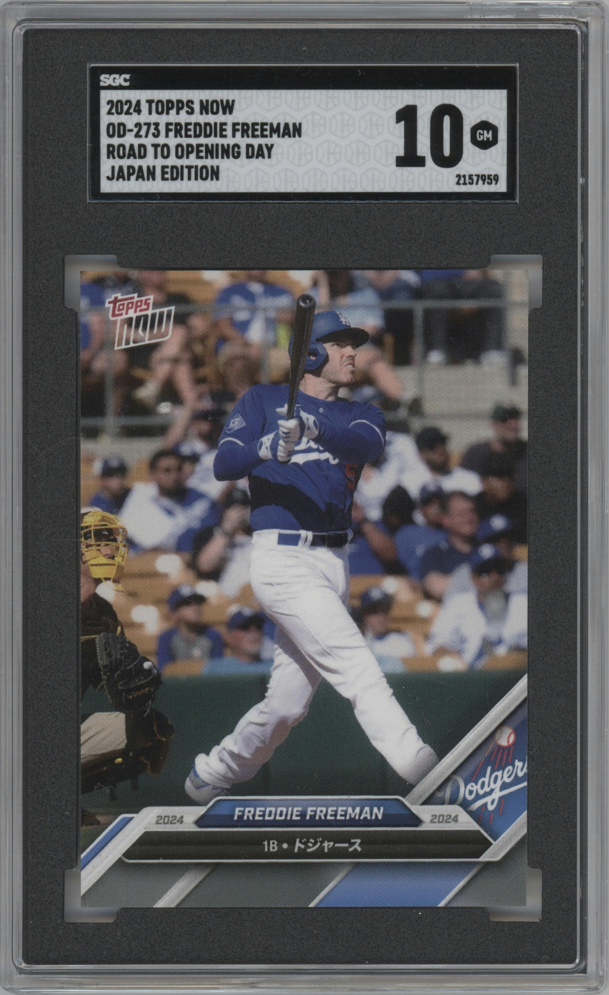 Freddie Freeman from the 2024 Topps Now Road to Opening Day set featuring a Japan Edition parallel graded by SGC and given an overall grade of 10.
