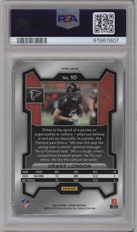 Drake London from the 2023 Panini Prizm set featuring a Black Shimmer parallel graded by PSA and given an overall grade of 9.