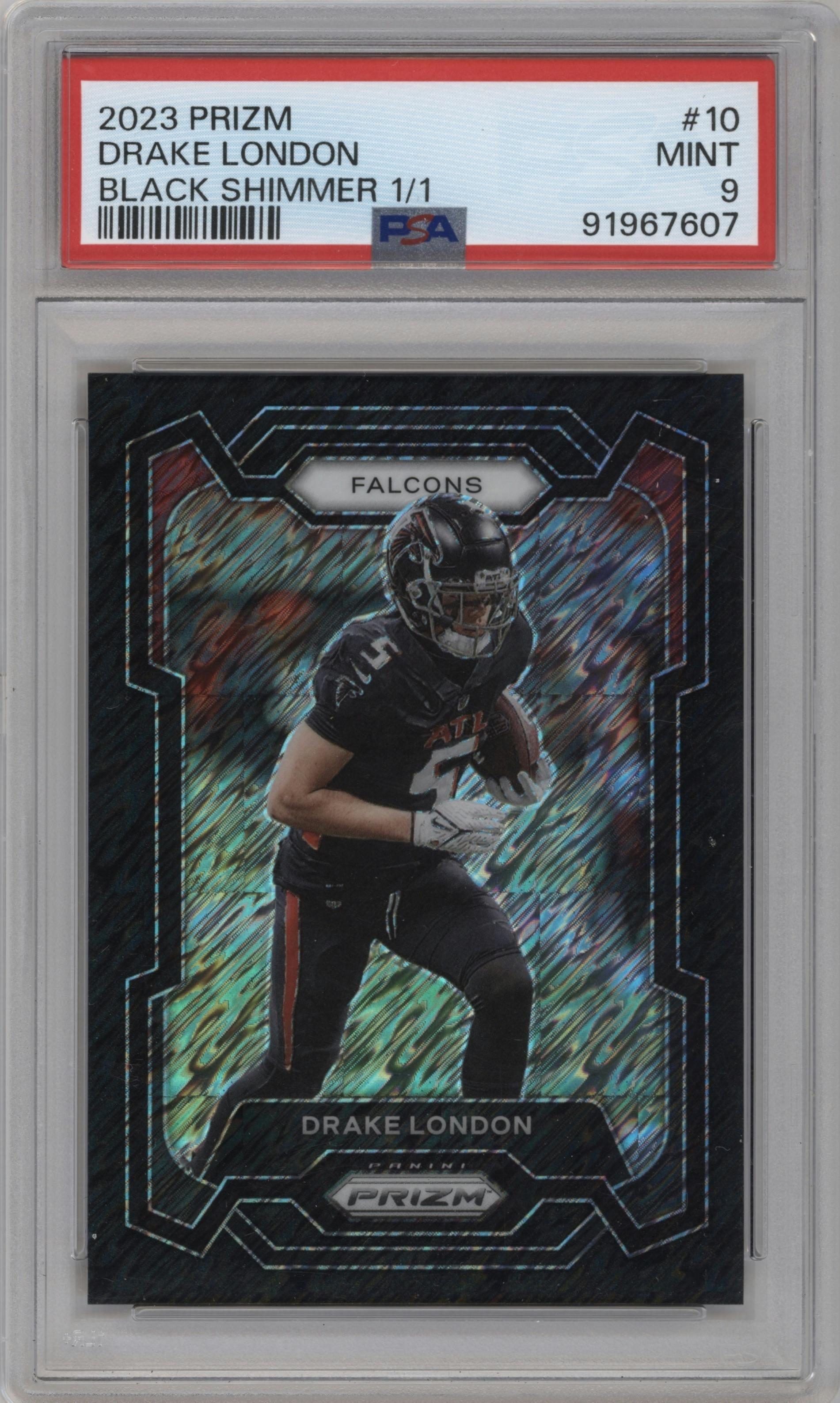 Drake London from the 2023 Panini Prizm set featuring a Black Shimmer parallel graded by PSA and given an overall grade of 9.