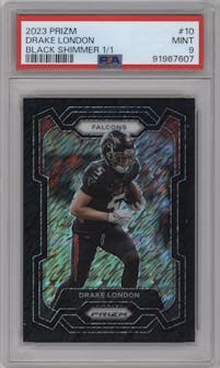 Drake London from the 2023 Panini Prizm set featuring a Black Shimmer parallel graded by PSA and given an overall grade of 9.