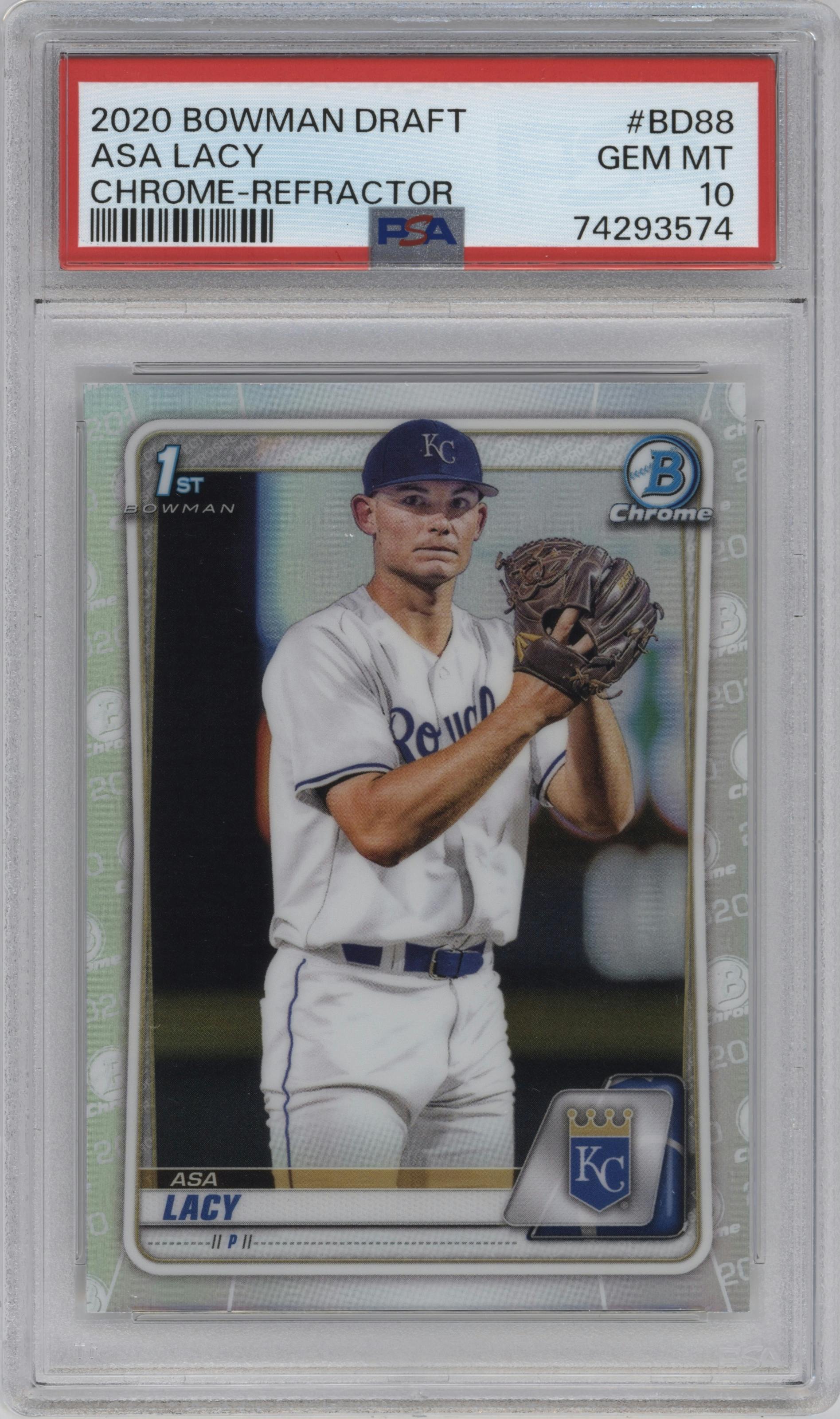 Asa Lacy from the 2020 Bowman Draft set featuring a Refractor parallel graded by PSA and given an overall grade of 10.