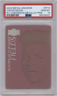 Justin Fields from the 2023 Upper Deck Metal Universe Platinum Portraits set featuring a Metallic Pink parallel graded by PSA and given an overall grade of 10.
