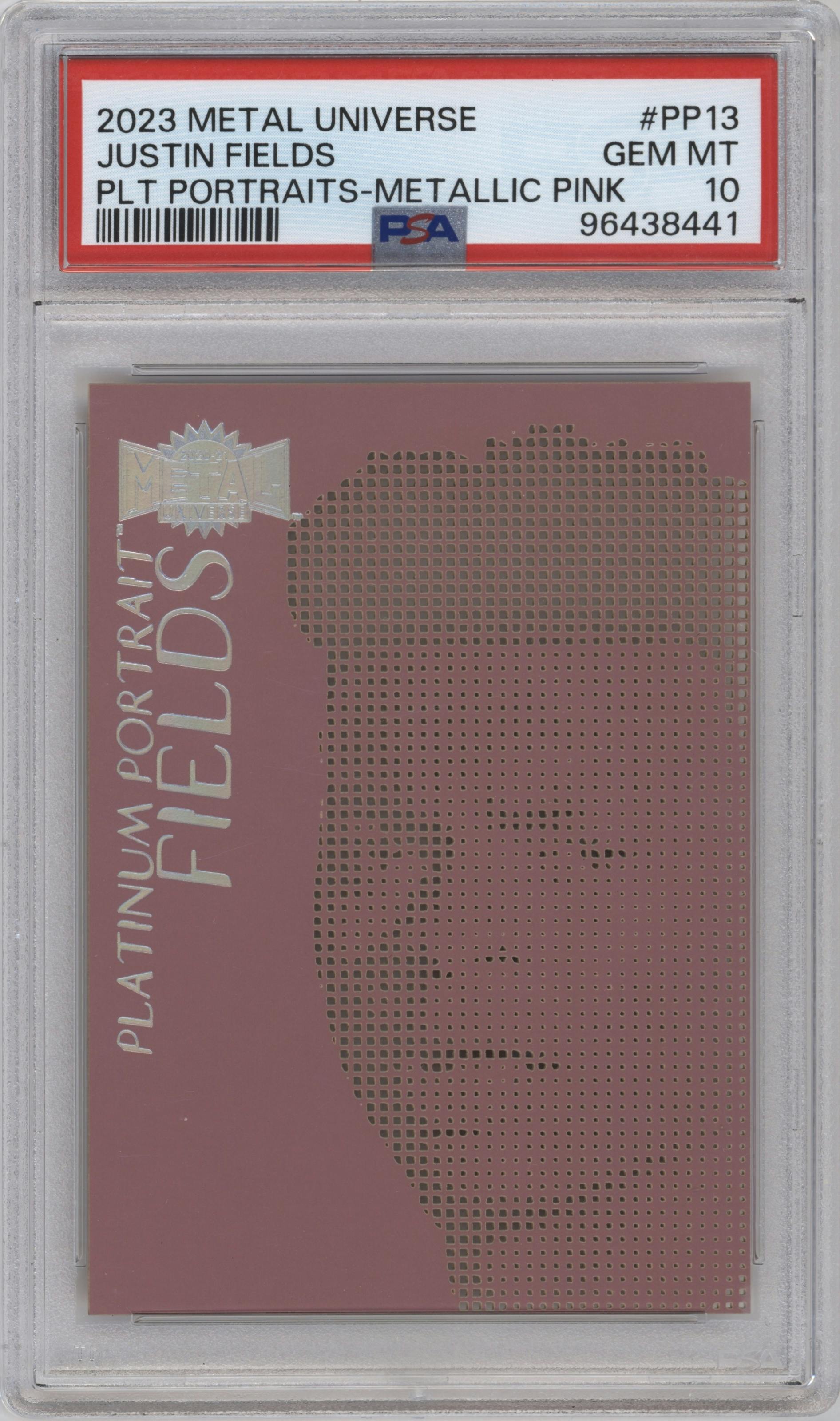 Justin Fields from the 2023 Upper Deck Metal Universe Platinum Portraits set featuring a Metallic Pink parallel graded by PSA and given an overall grade of 10.