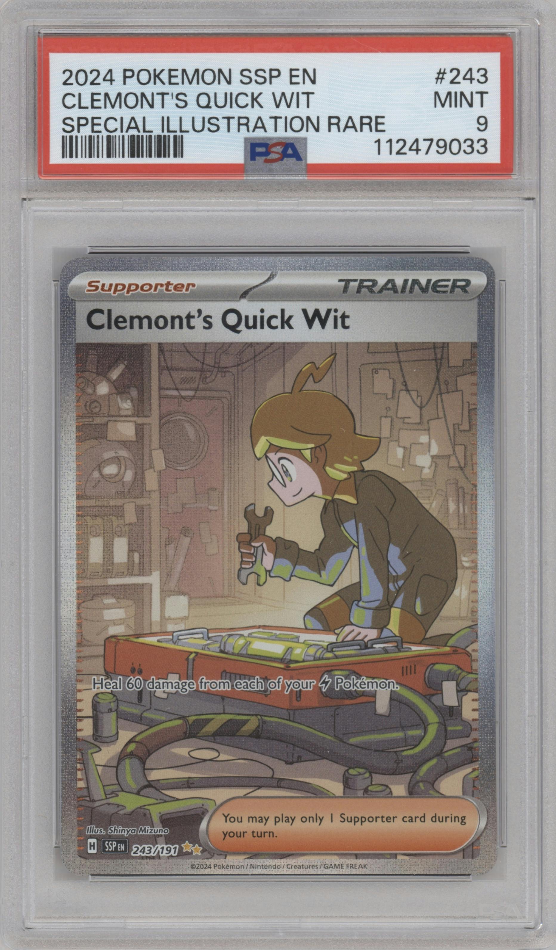 Clemont's Quick Wit from the 2024 Pokemon SV set graded by PSA and given an overall grade of 9.