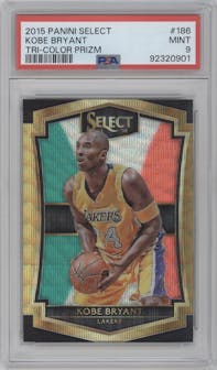 Kobe Bryant from the 2015-16 Panini Select  set featuring a Tri-Color parallel graded by PSA and given an overall grade of 9.