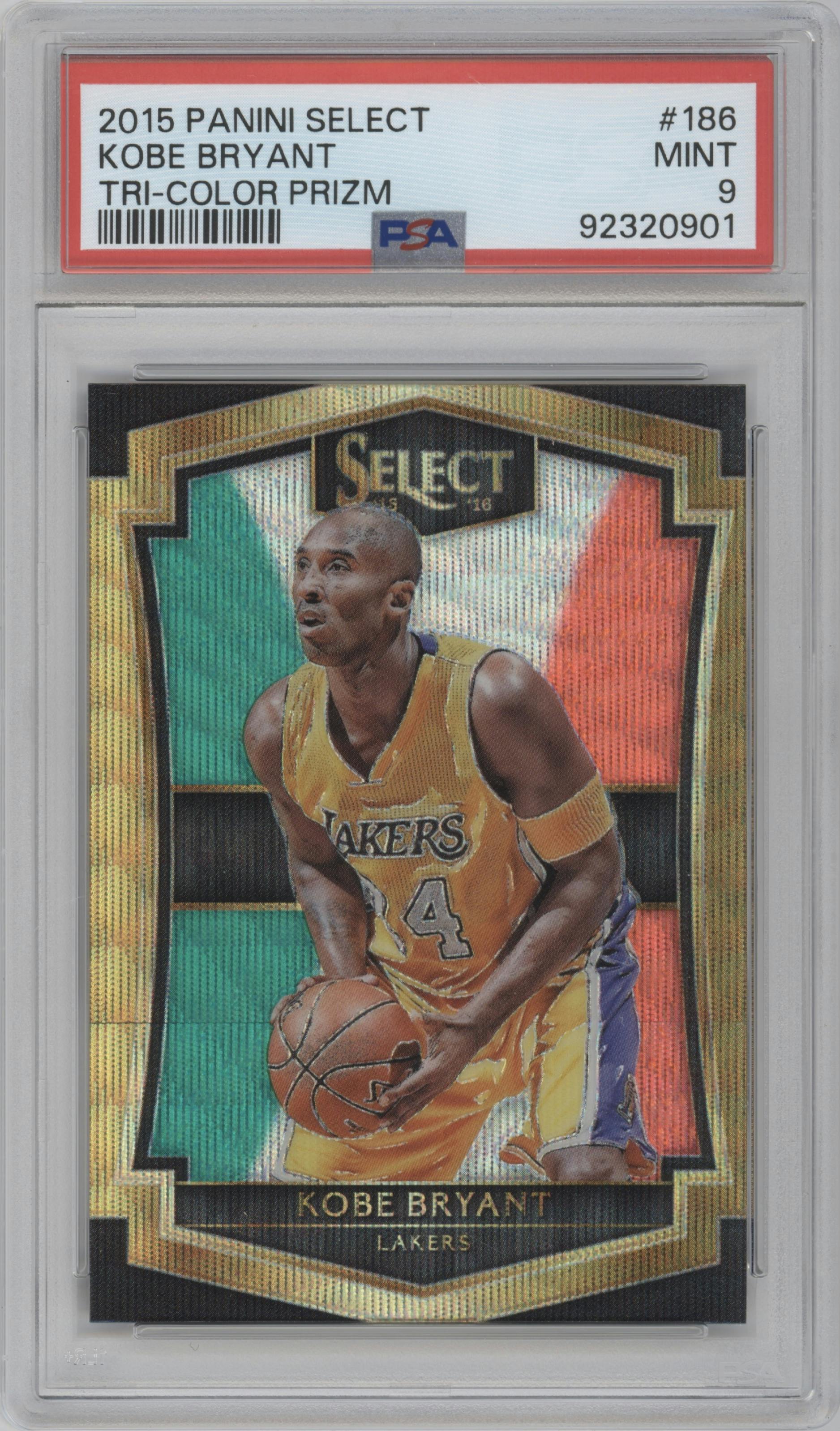Kobe Bryant from the 2015-16 Panini Select  set featuring a Tri-Color parallel graded by PSA and given an overall grade of 9.