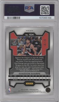 Shaedon Sharpe from the 2023-24 Panini Prizm set featuring a Choice Cherry Blossom parallel graded by PSA and given an overall grade of 10.