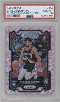 Shaedon Sharpe from the 2023-24 Panini Prizm set featuring a Choice Cherry Blossom parallel graded by PSA and given an overall grade of 10.