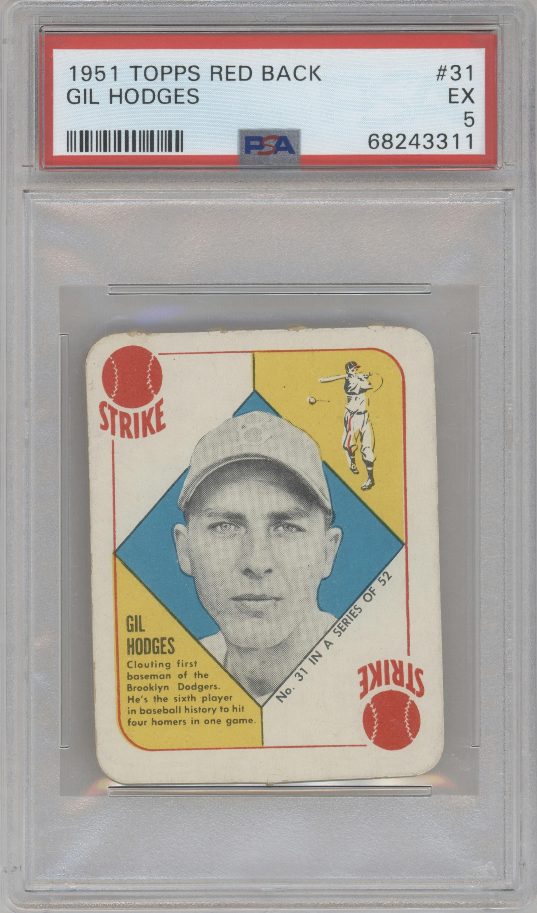 Gil Hodges from the 1951 Topps Red Backs set graded by PSA and given an overall grade of 5.
